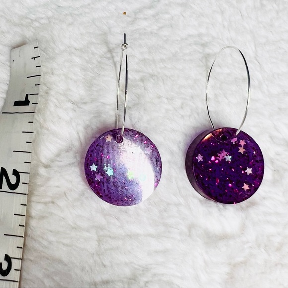 Purple Galaxy Glitter Resin Pendant Hoop Earrings - Picture 6 of 10